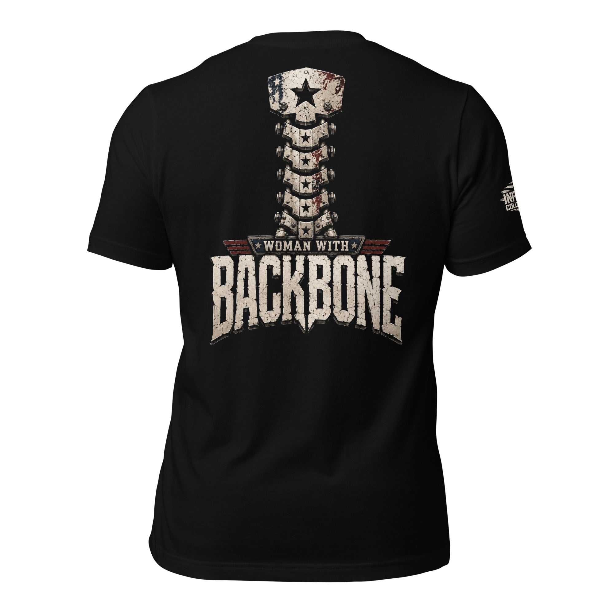 Woman With Backbone back print graphic on black tee featuring a patriotic spine design with stars and distressed lettering