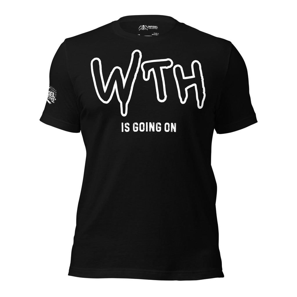 Black tee with WTH Is Going On front print in white graffiti-style lettering